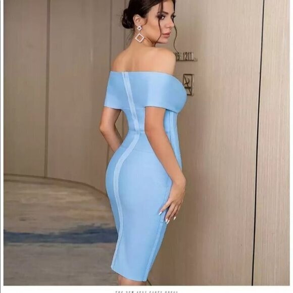 Blue Off Shoulder Bodycon Bandage Dress for event M - Picture 2 of 7